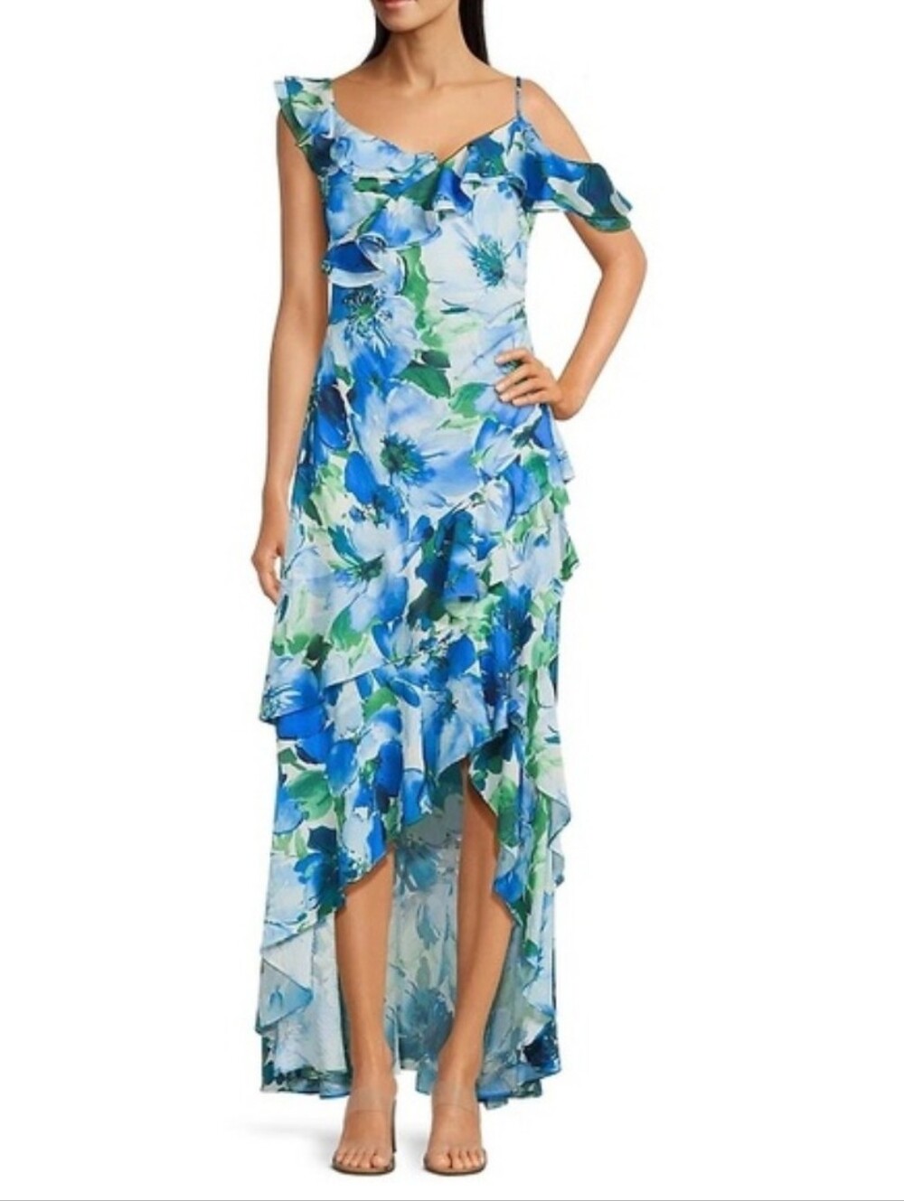Alex Marie Lacey Ruffle Sleeveless Floral Asymmetric Hi-Lo Hem Maxi Dress NWT
